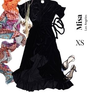 New Misa Los Angeles Black Viscose Velvet Wrap Ruffled Maxi Dress Sz Xs
